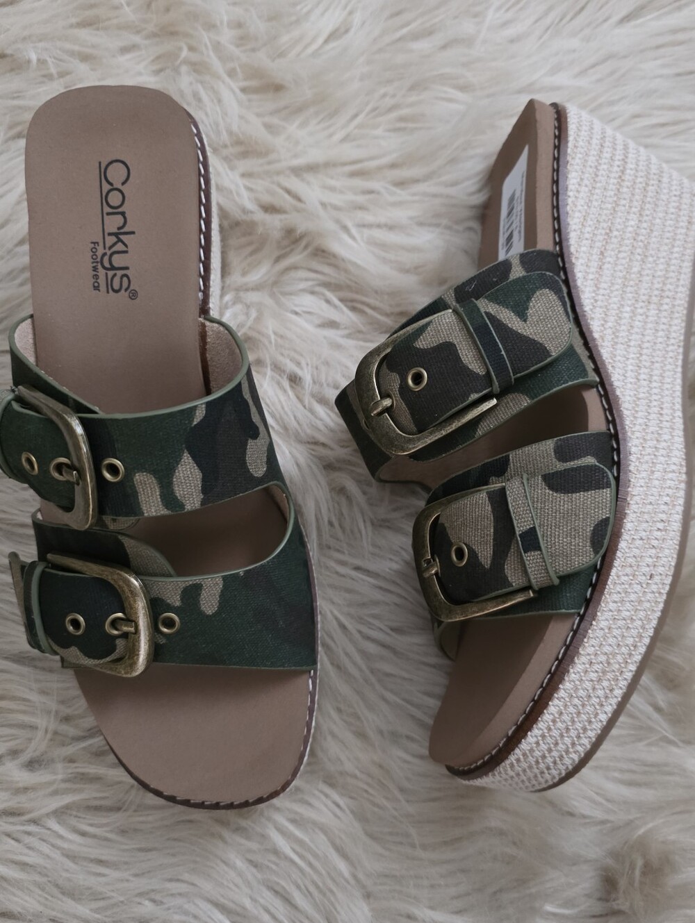 Corkys Footwear Manifest Wedges In Green‎ Camo Buckle Straps Womens